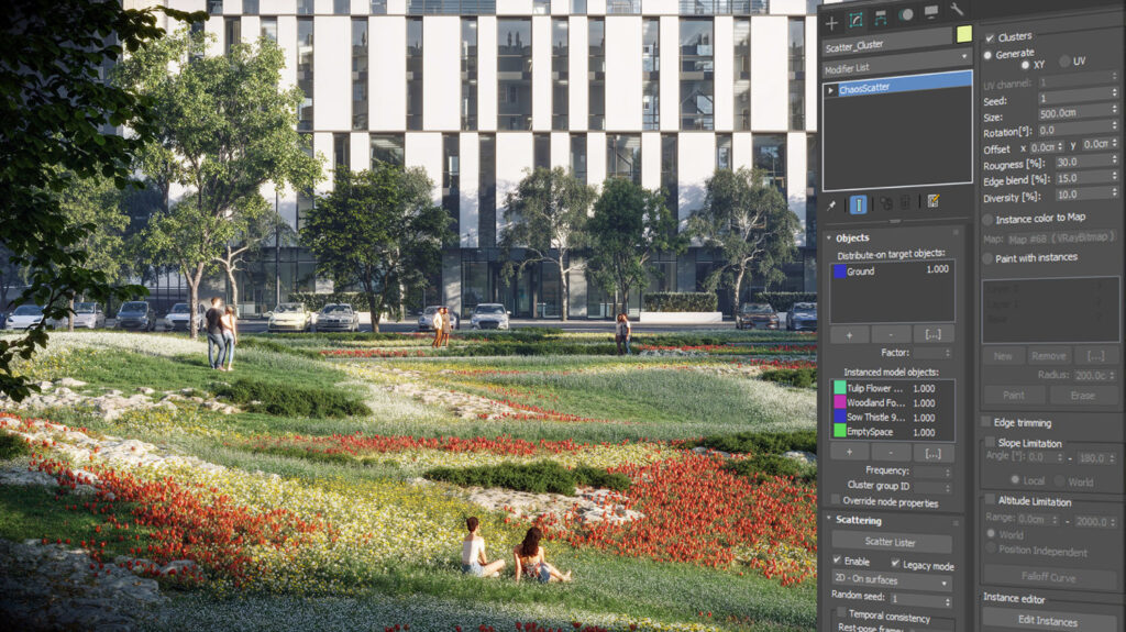 Cluster scattering of vegetation in a render