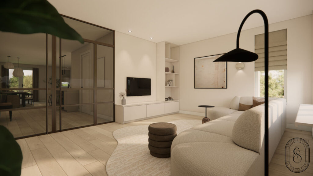 Render van een woonkamer