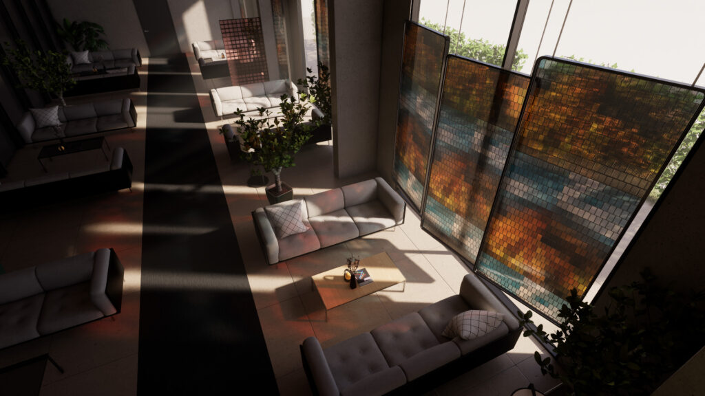 This visual displays improved colored sun shadows for software ray tracing, including support for fog for capture and walkthrough in Ultra quality.