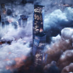 Clouds surrounding skyscrapers at night