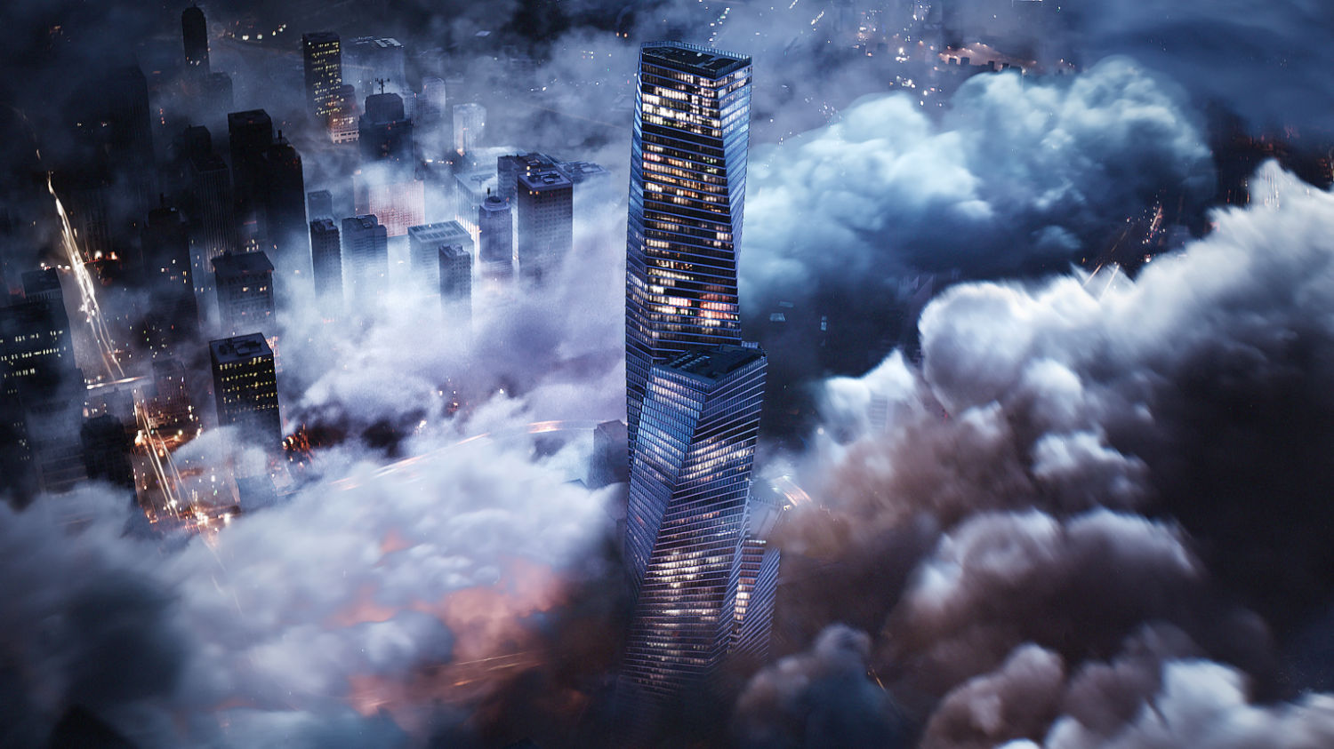 Clouds surrounding skyscrapers at night