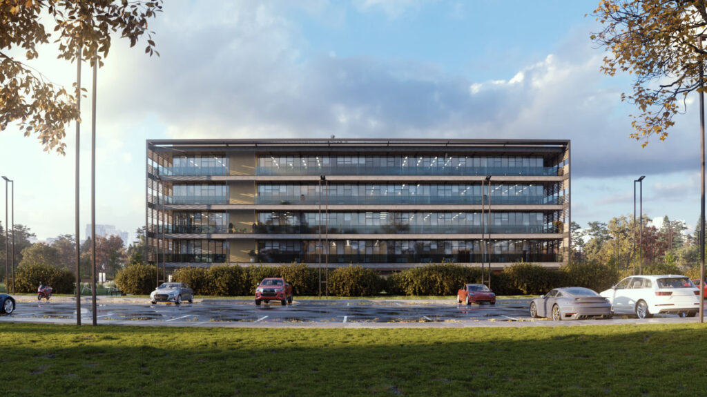 Render van een gebouwencomplex met een parkeerplaats ervoor