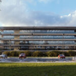 Render van een gebouwencomplex met een parkeerplaats ervoor