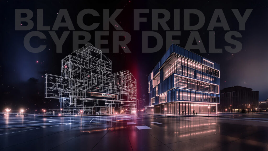 Een hightech Black Friday-themafoto van een 3D-ontwerpbedrijf. De compositie gaat van een 3D-wireframe-architectonisch concept links naar een volledig gerenderd fotorealistisch gebouw rechts. De omgeving bevat moderne stadselementen, gloeiende lijnen en subtiele reflecties.