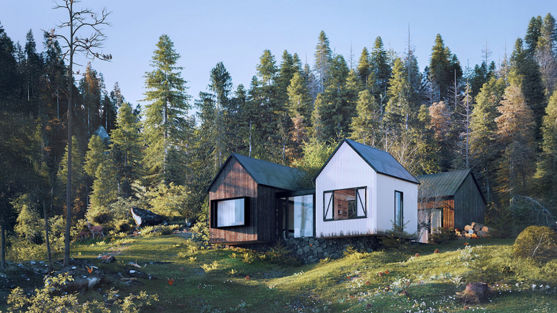 Op deze prachtige afbeelding zien we twee houten huisje, weelderig gelegen in een bosrijke omgeving, terwijl de blaadjes, bloemetjes en grassprietjes, rijkelijk en natuurgetrouw rond zijn gestrooid met Skatter.