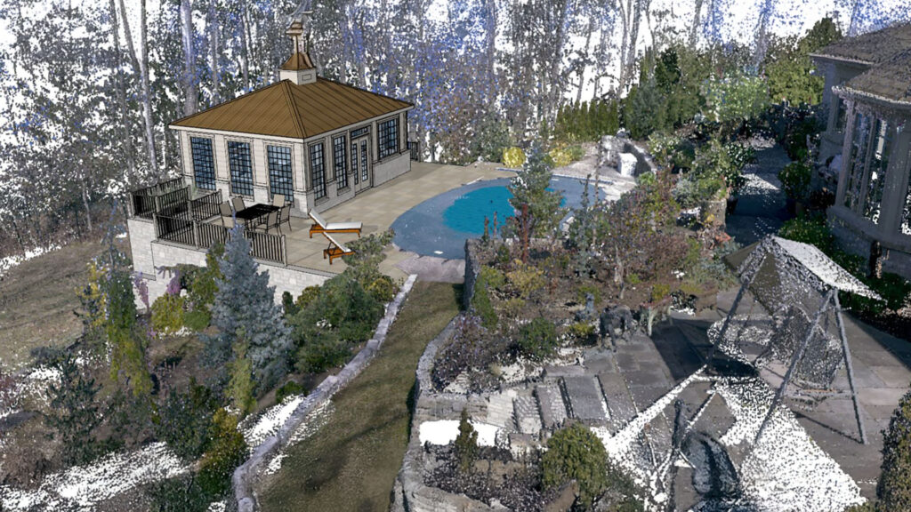 3D omgevingsscan van een heuvelachtige tuin met bossen