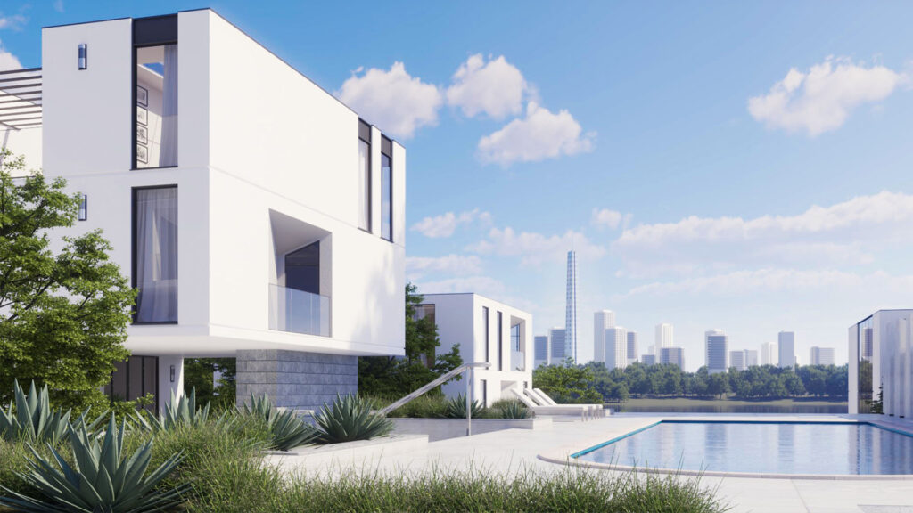 Weergave van een strak, modern en minimalistische gebouwencomplex, inclusief zwembad, vervaardigd met de 3D tools die onderdeel zijn van de ArchViz Collection.