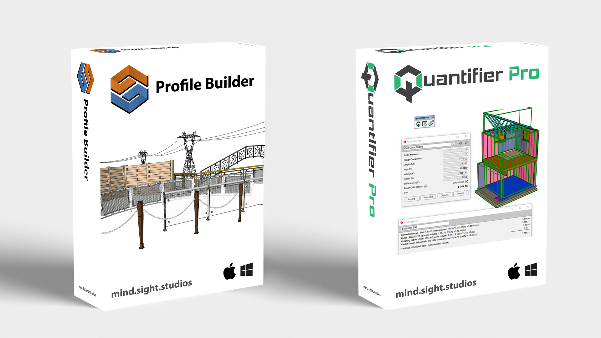 Profile Builder en Quantifier Pro, twee SketchUp-extensies, gebundeld als 'de Digibouw BIM Bundle'.