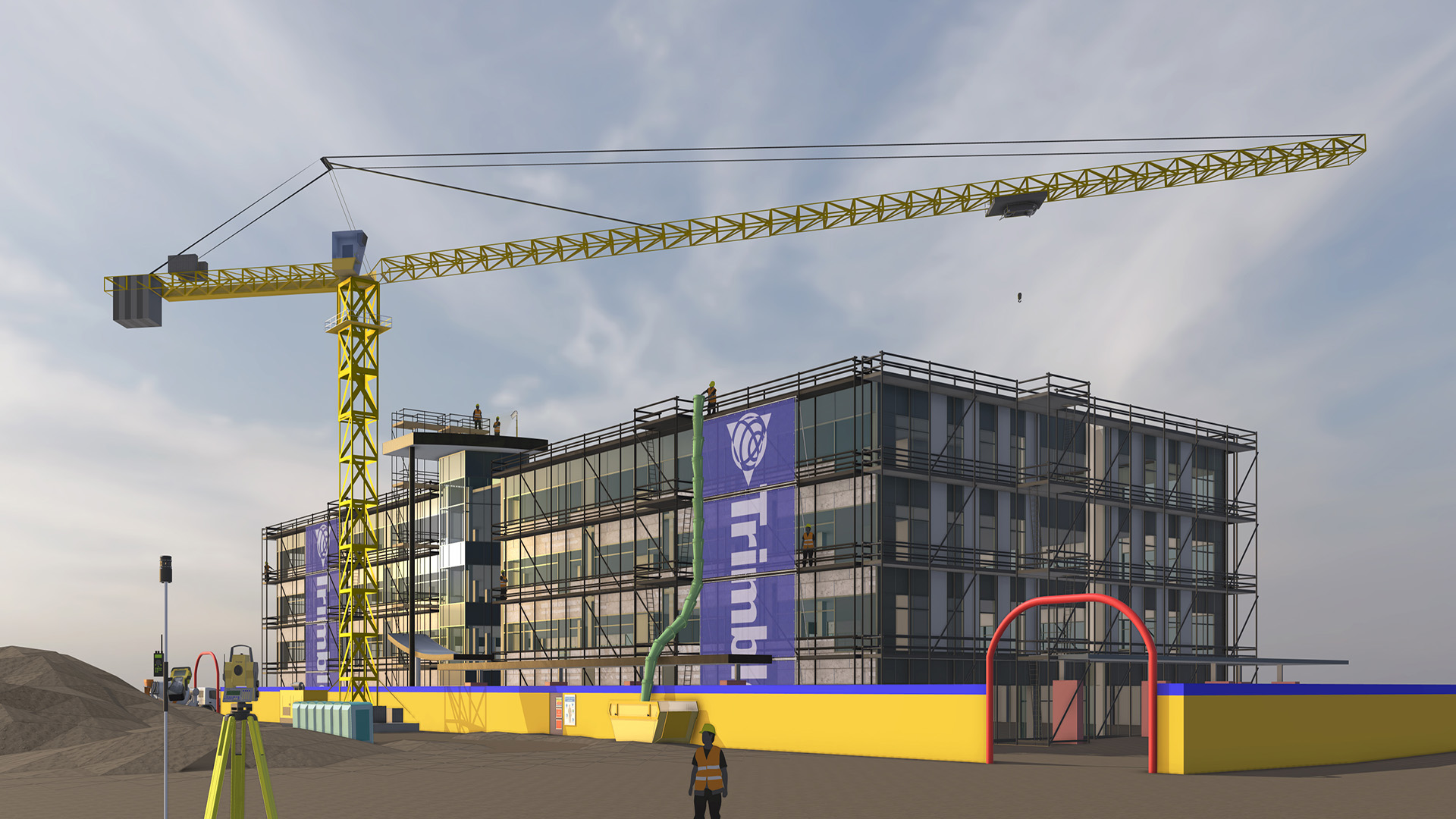 Een modern gebouw wat gescand wordt om realistische data te transformeren naar nauwkeurige 3D-modellen met pointclouds.