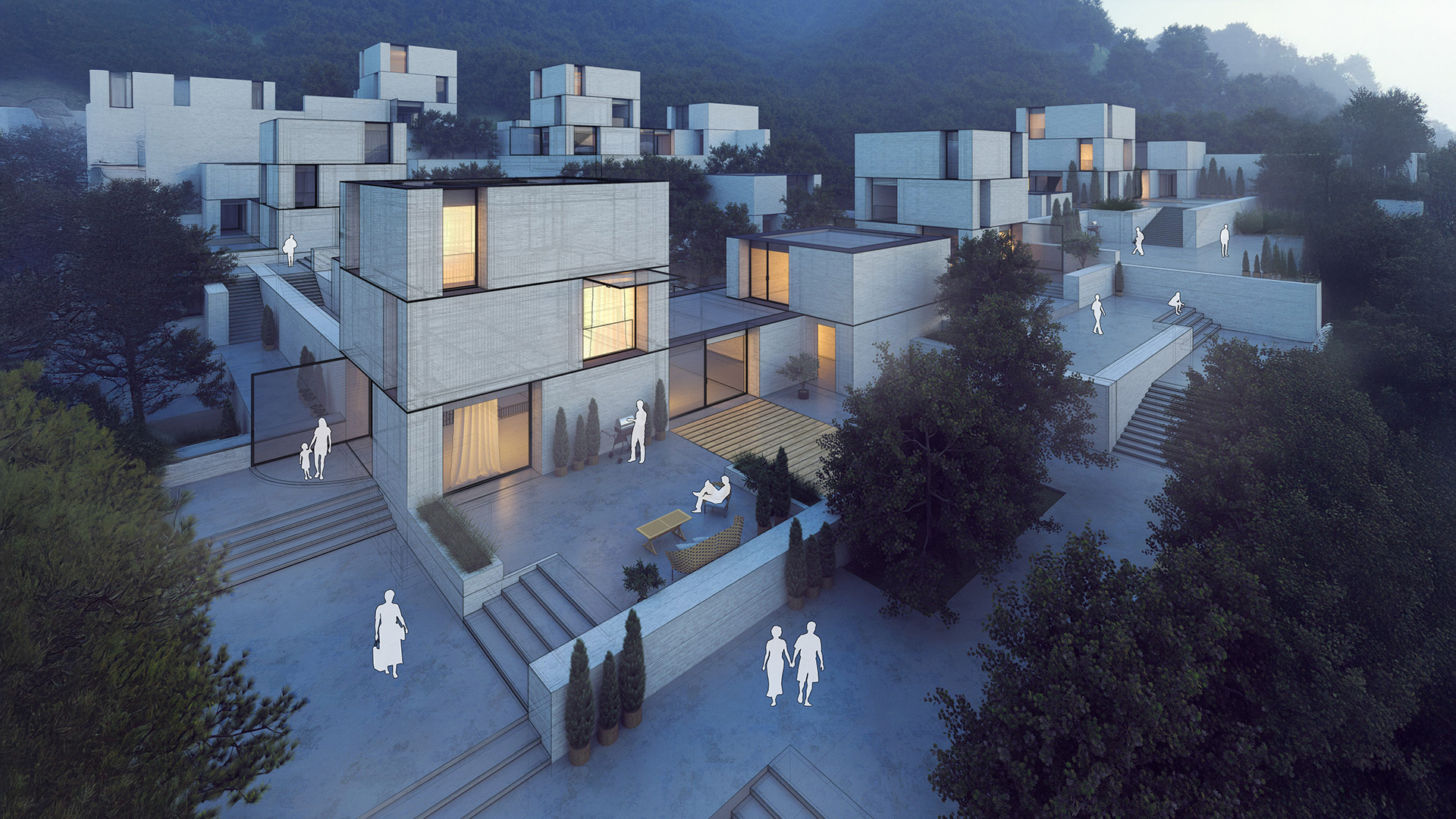 Een realistische render van een woonwijk in het schemerdonker.