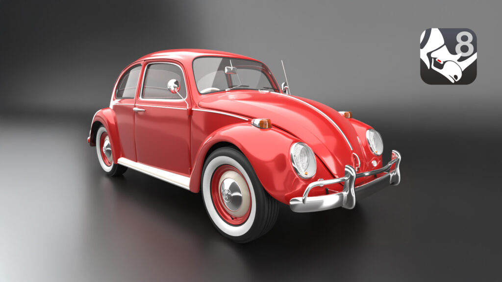 Een rode kever auto, die gerenderd is door Rhinoceros.
