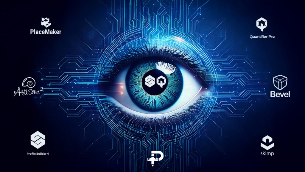 Een surrealistische weergave van een digitaal oog met daaromheen alle icoontjes van mind.sight.studios.