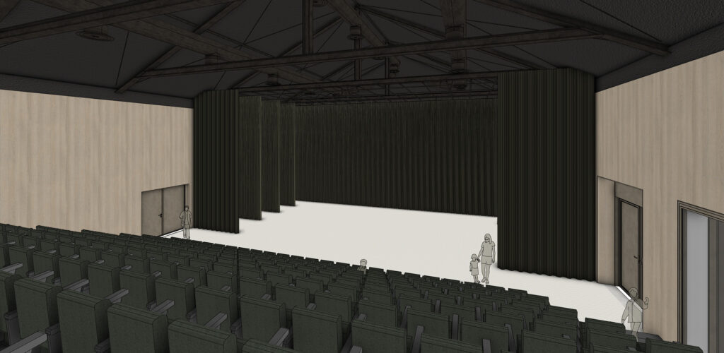 3D-impressie van de cultuurzaal binnen een multifunctioneel centrum in Bavel.