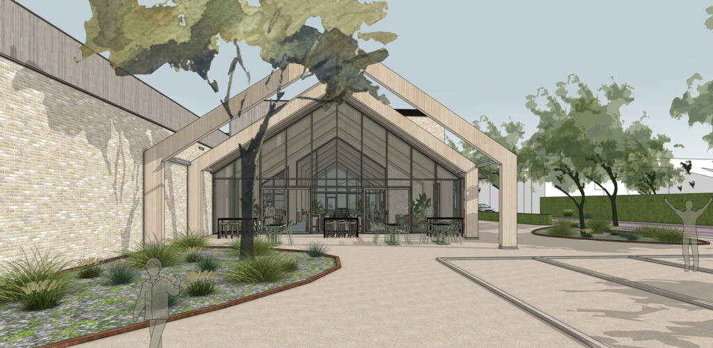 Buitenaanzicht visualisatie van een veelzijdig gebouw.