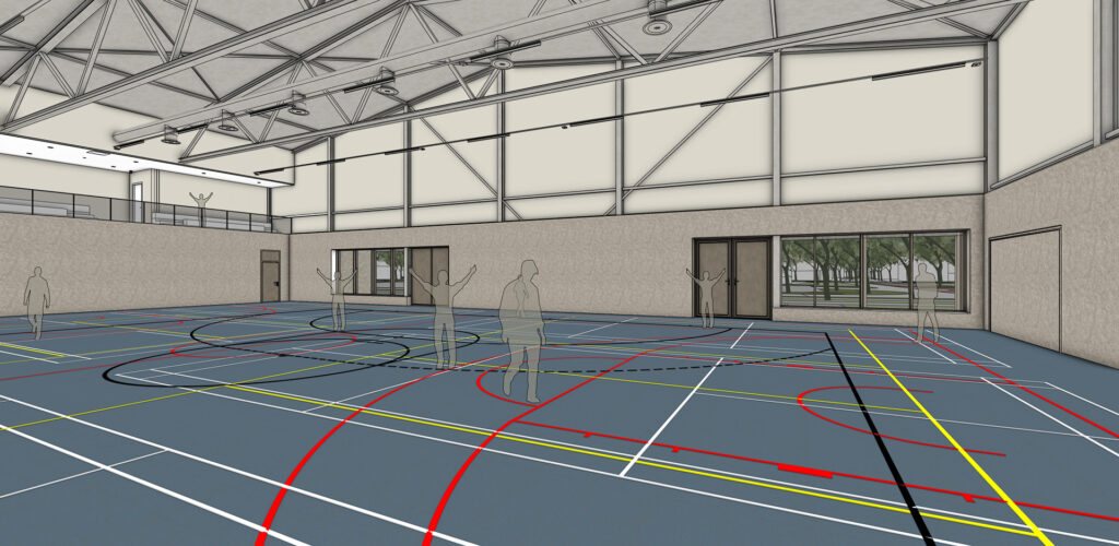 3D-weergave van de sporthal binnen een multifunctioneel gebouw in Bavel.