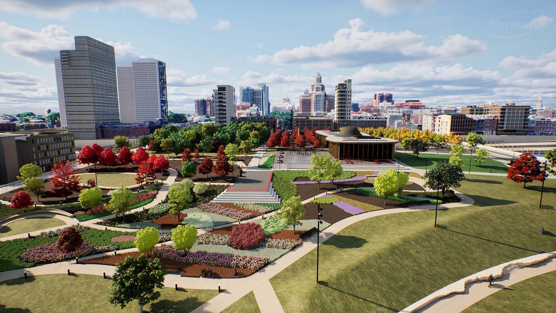 Een real-time 3D-visualisatie van een park en skyline van een stad, waarschijnlijk gemaakt met de Unreal Engine.