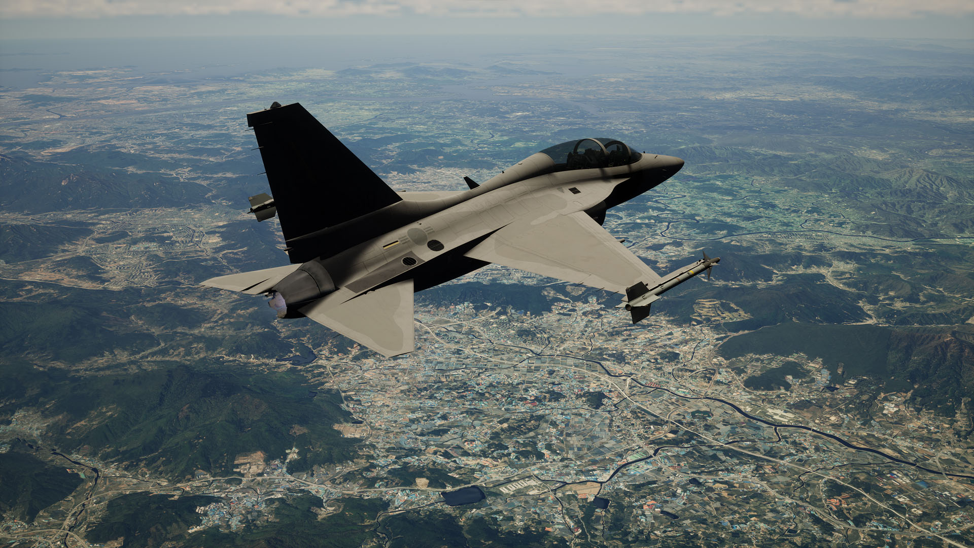 Een KAI T-50 Golden Eagle, een Zuid-Koreaanse supersonische straaltrainer en licht gevechtsvliegtuig, gemaakt in Epic Unreal Engine.