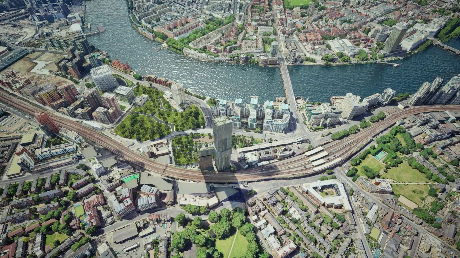 Een fotorealistische stadsgezicht, van de omgeving rond de Theems in Londen, gemaakt door PropVR in Epic Unreal Engine.