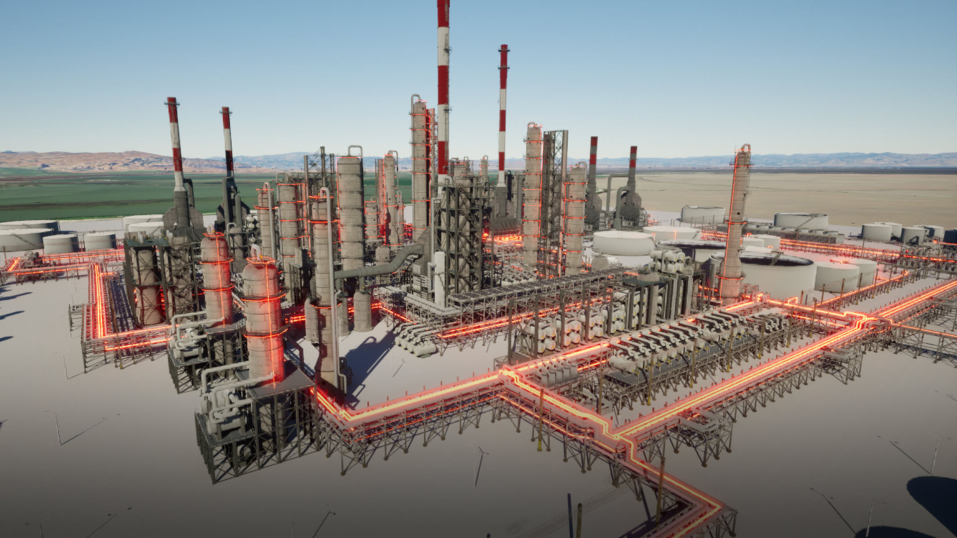 Een olieraffinaderij, een industrieel complex waar ruwe olie wordt verwerkt tot diverse bruikbare producten, gemaakt in Epic Unreal Engine.