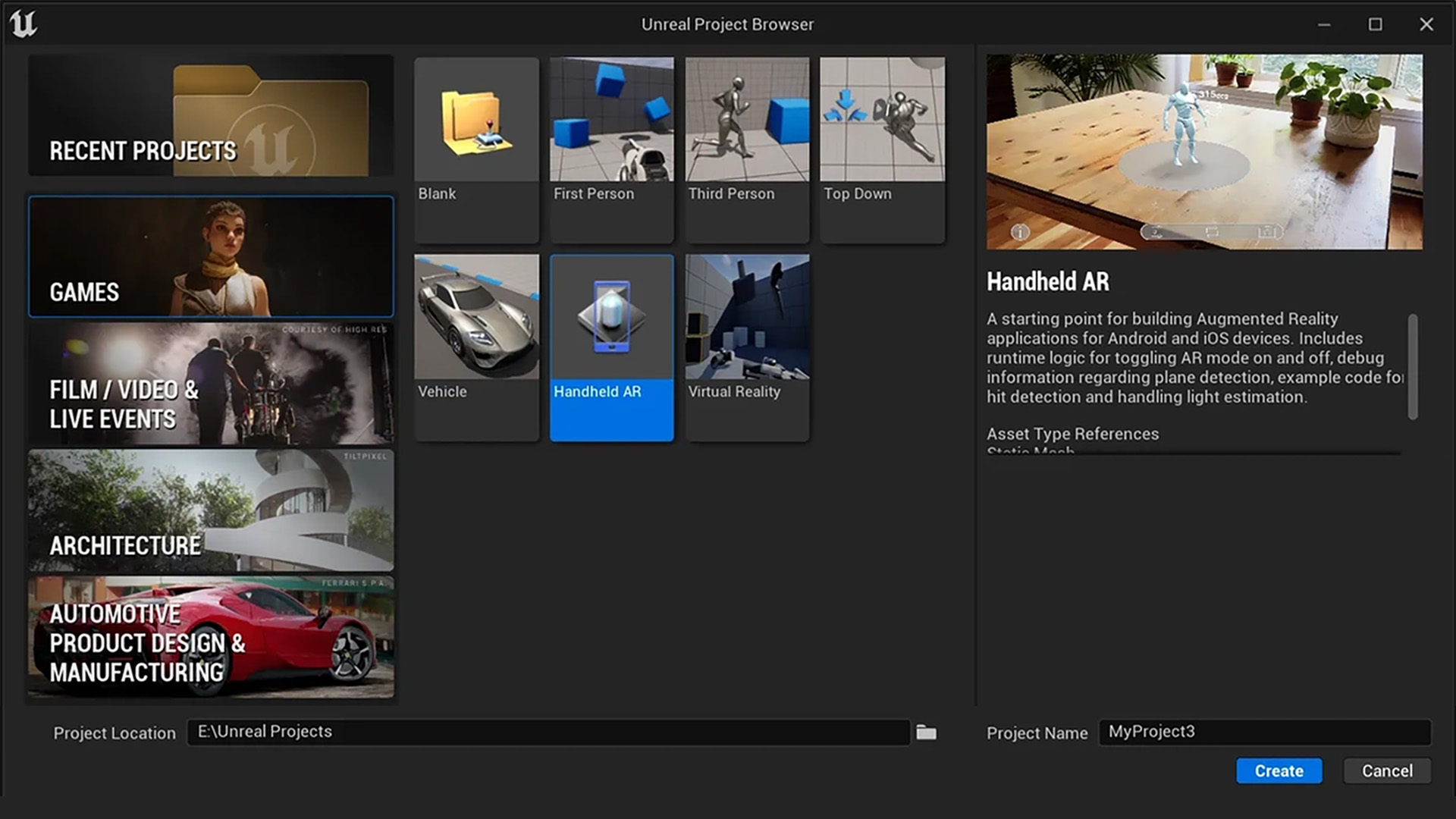 Overzicht van branchespecifieke templates voor VR, filmproductie en productvisualisatie.
