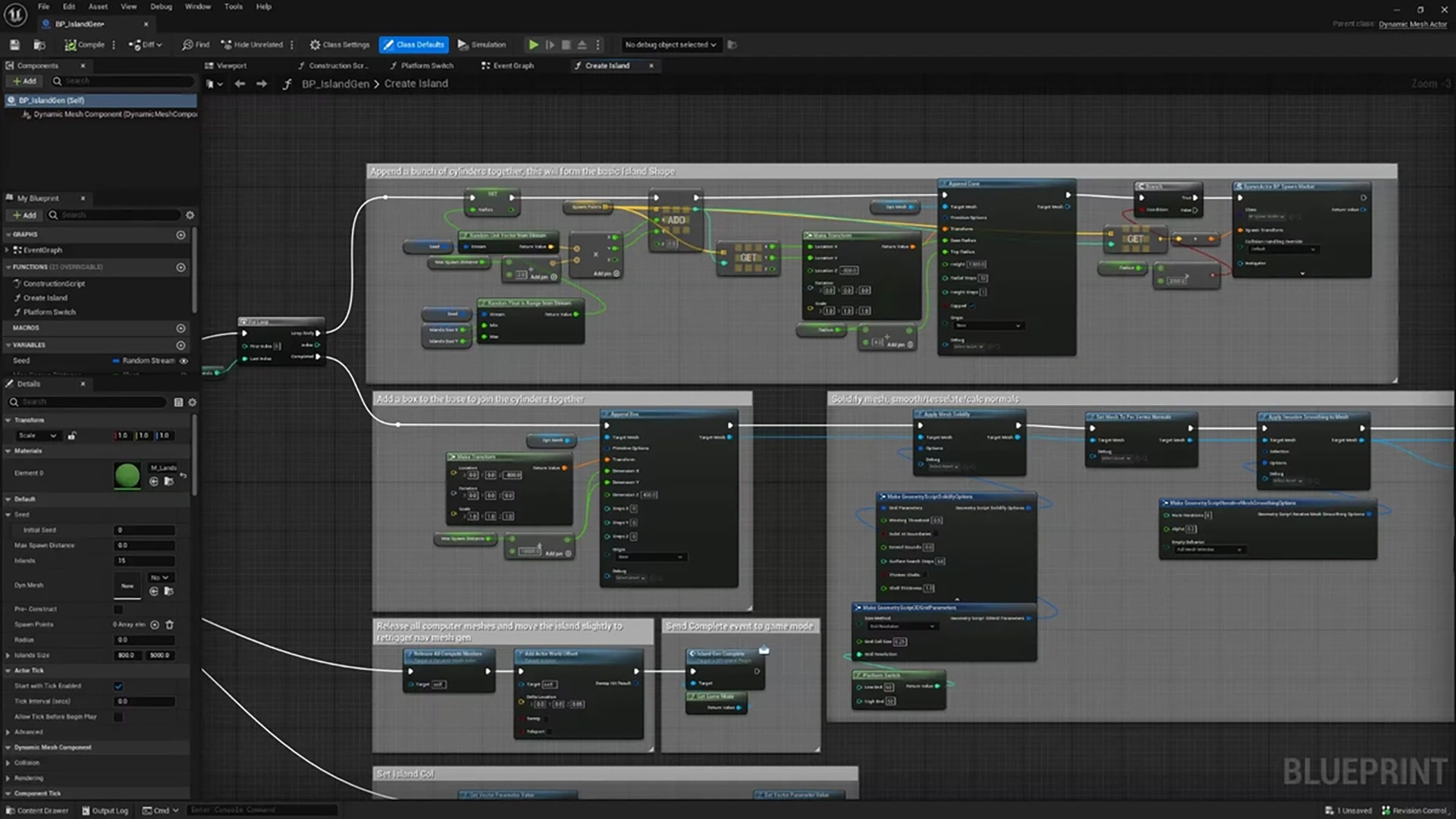 Screenshot van de Blueprint visuele node-workflow voor het maken van gameplay-logica.
