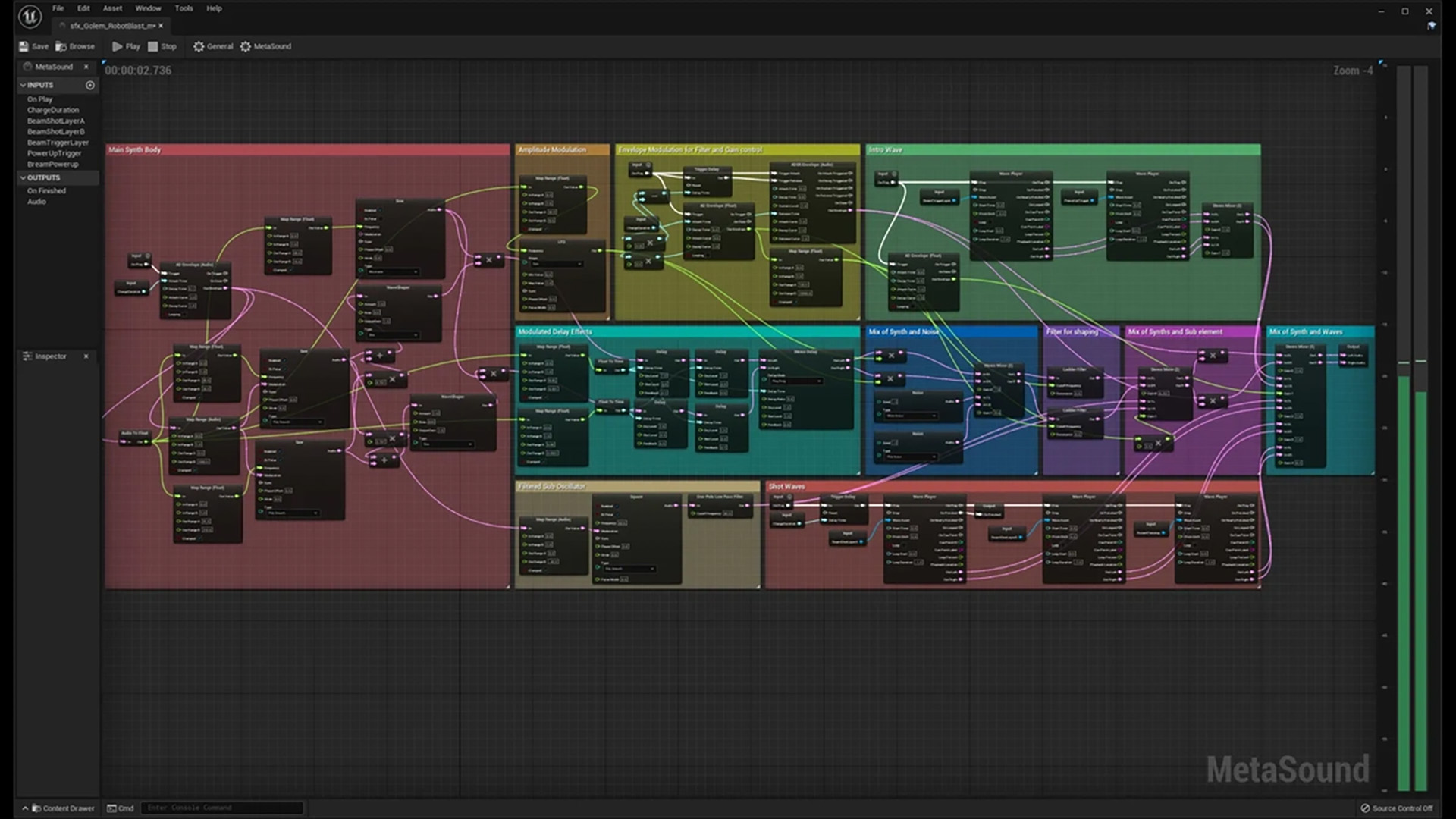 MetaSounds node-editor voor het procedureel bouwen van dynamische audio-effecten.
