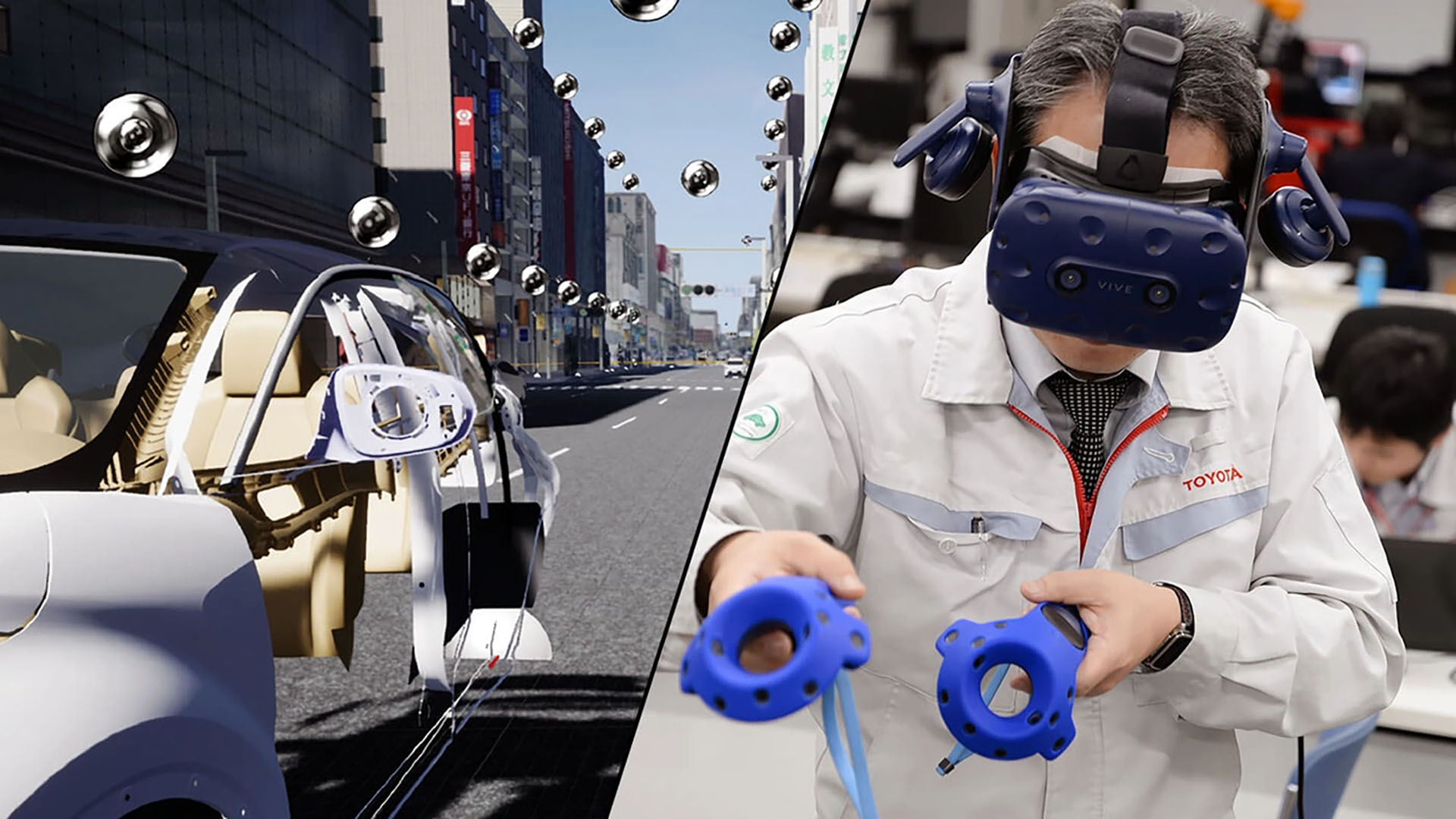 Persoon die een VR-headset gebruikt voor het evalueren van ergonomie, wat de XR-ondersteuning (AR/VR/MR) illustreert.