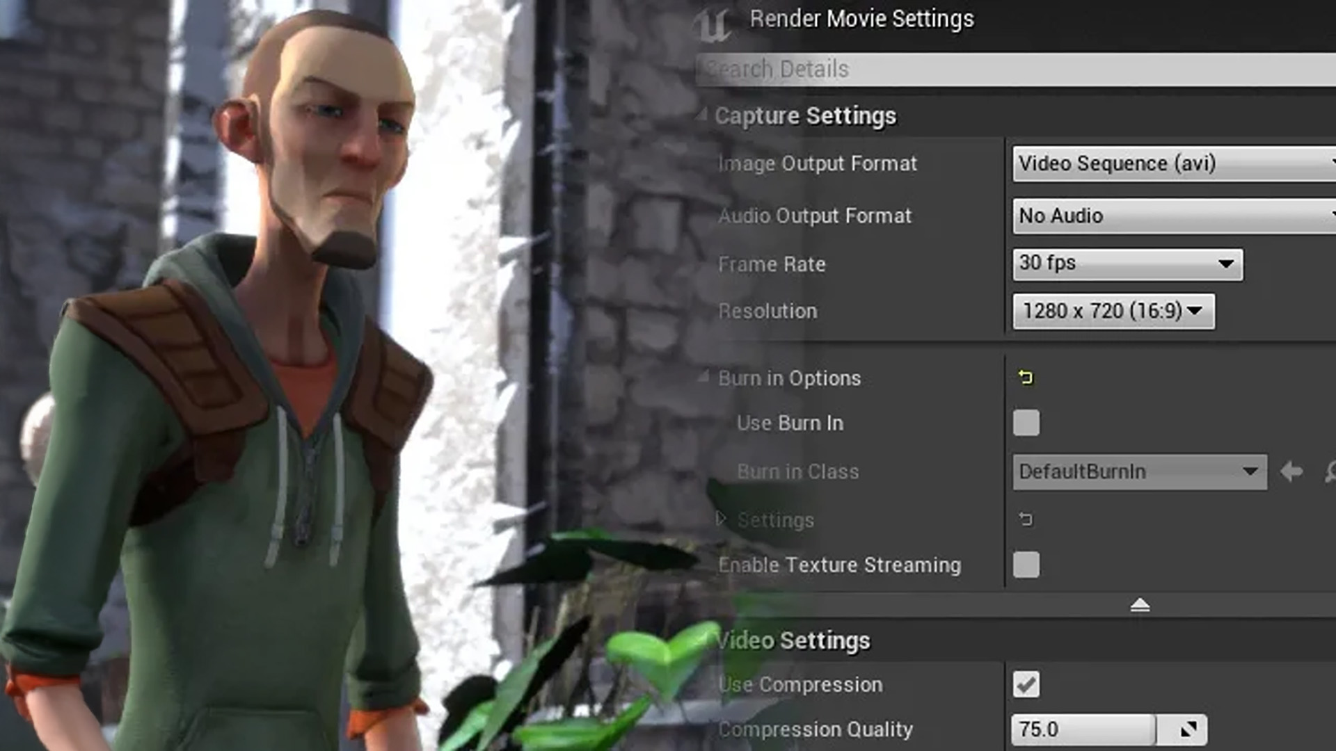 Movie Render Queue-interface voor hoge kwaliteit cinematic export.