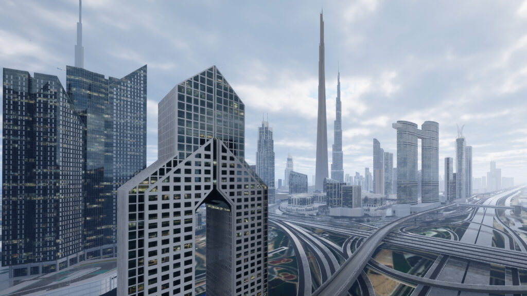 This is a rendering of a futuristic city, created using Unreal Engine.