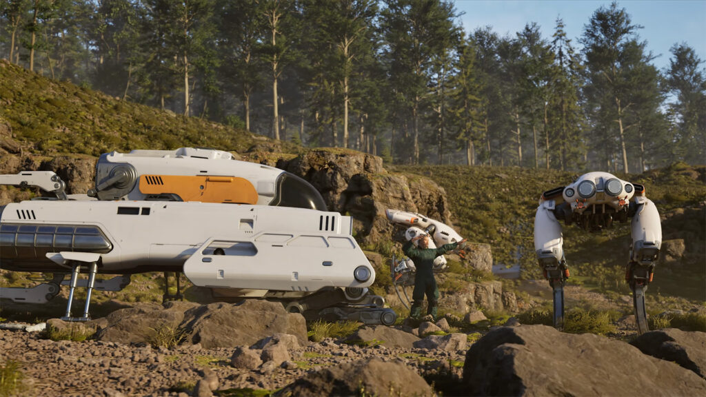 Futuristic, white, modular science fiction vehicles, including a large hovercraft-like ship and a mechanical four-legged drone, sit on a rocky hillside in a lush forest. A human figure in a green spacesuit stands among the machinery.