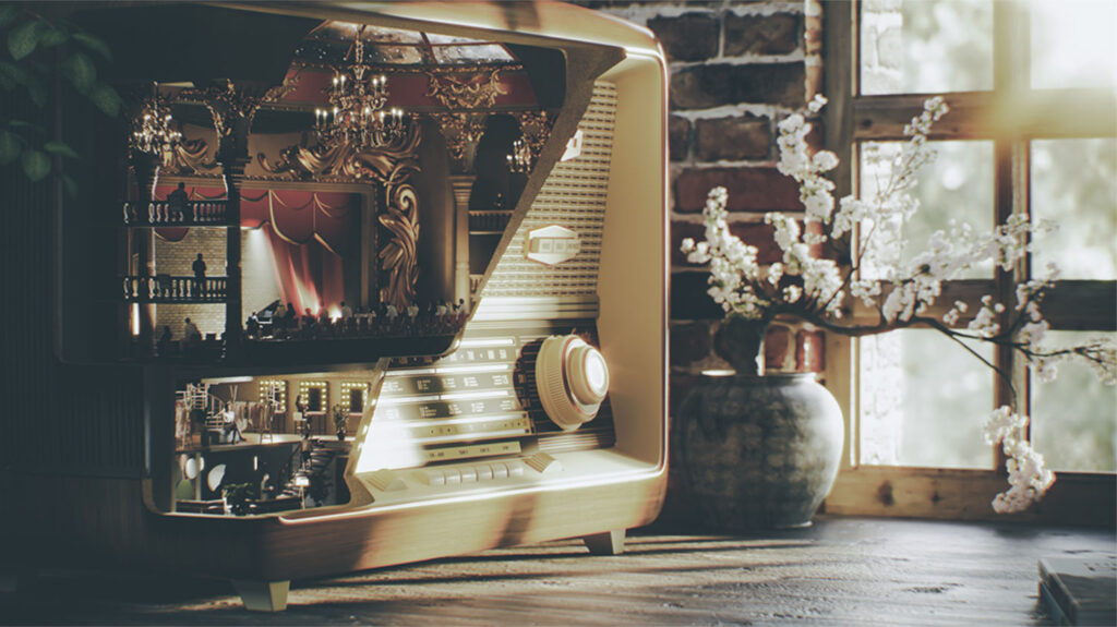 Photorealistic render of an old radio in a room