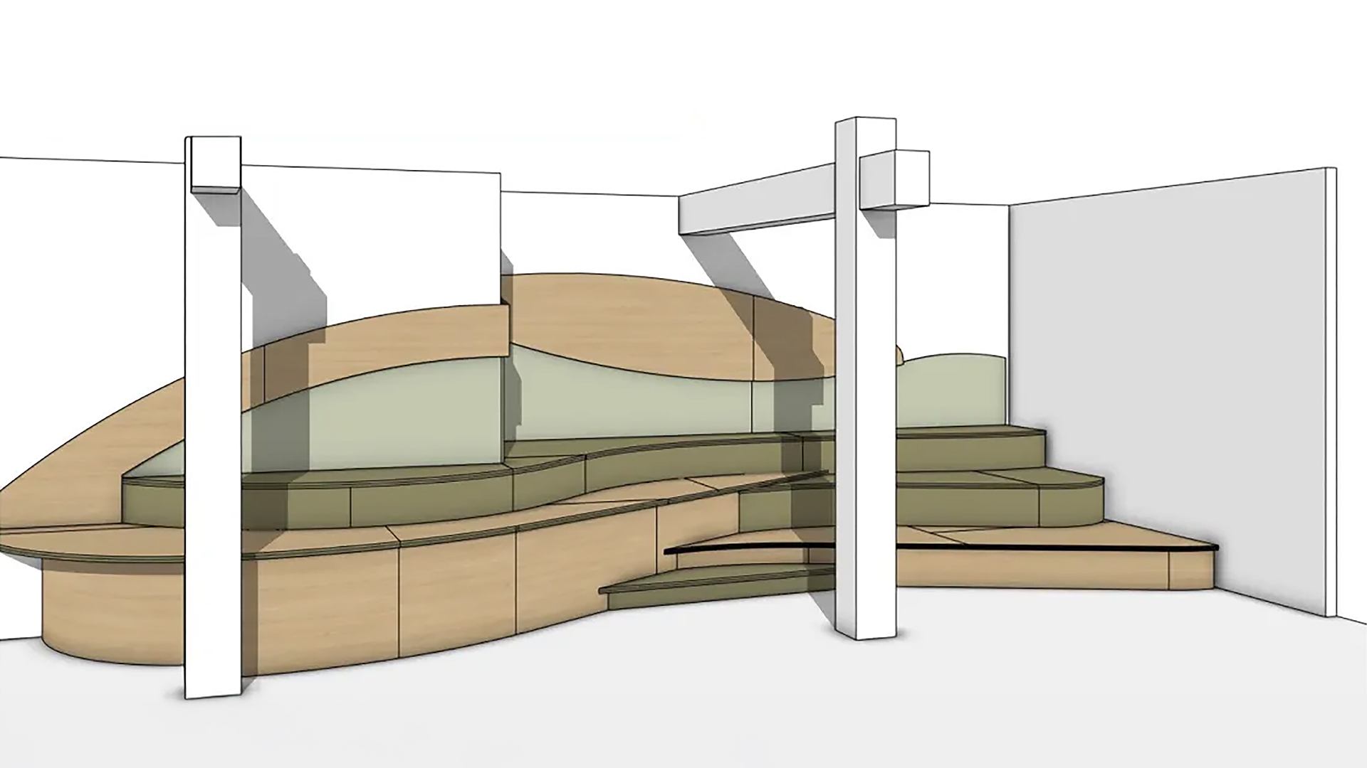 A technical 3D design created in CABN8 showing a complex wooden podium with wavy, organic shapes and integrated seating. The model demonstrates the software's flexibility for designing unique custom cabinetry in any space. Focus: CABN8 custom joinery, organic shapes, complex interior design.