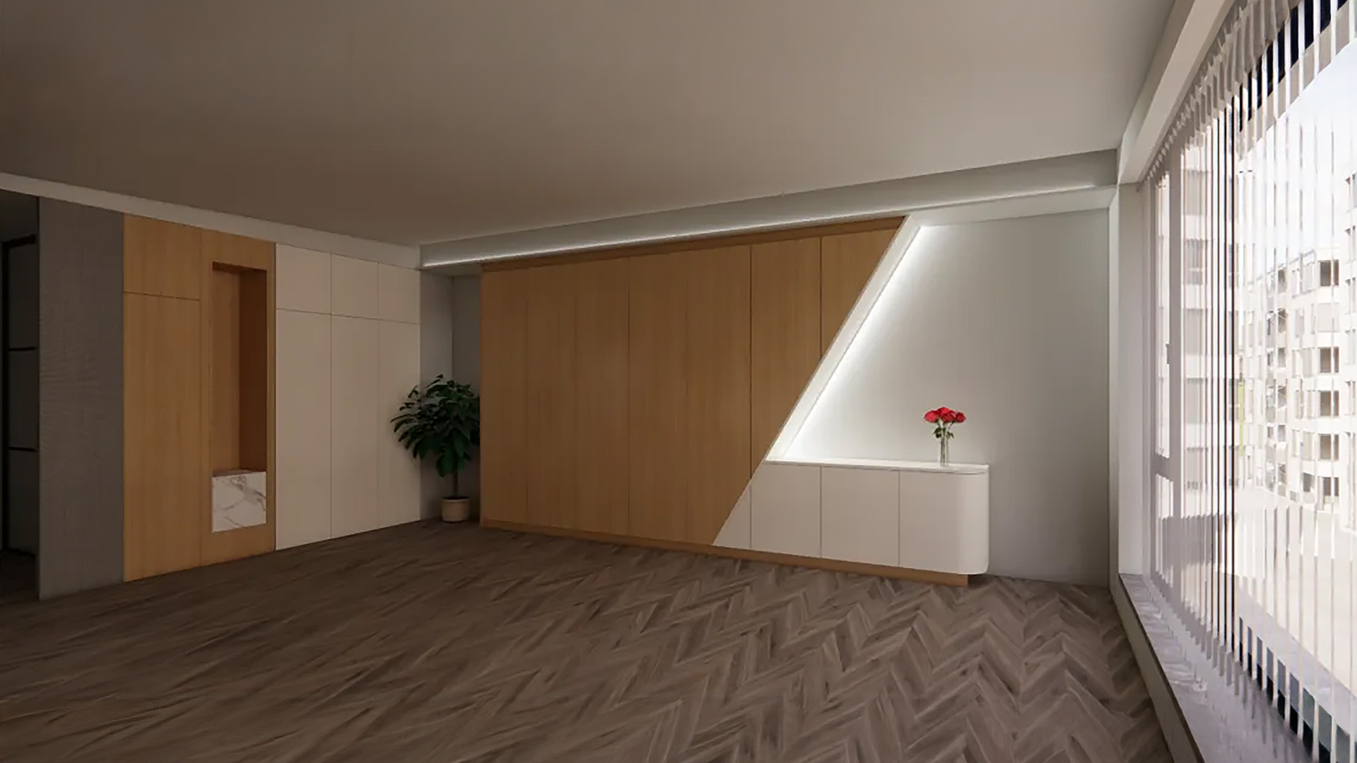 A photorealistic 3D render created in CABN8 of a modern room featuring a large, custom-built wardrobe. The design combines wooden and white panels with a striking diagonal split and integrated LED strip lighting. Focus: CABN8 visualization, custom cabinetry, photorealistic render, interior design.