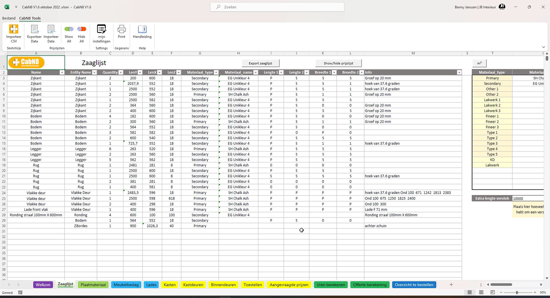A screenshot of an automatically generated Excel cutting list via CabN8. The spreadsheet displays detailed production data such as dimensions (X, Y, Z), quantities, and material types per part, ready for the workshop or CNC machine. Focus: CabN8 cutting list, automatic production data, Excel export, bill of materials.