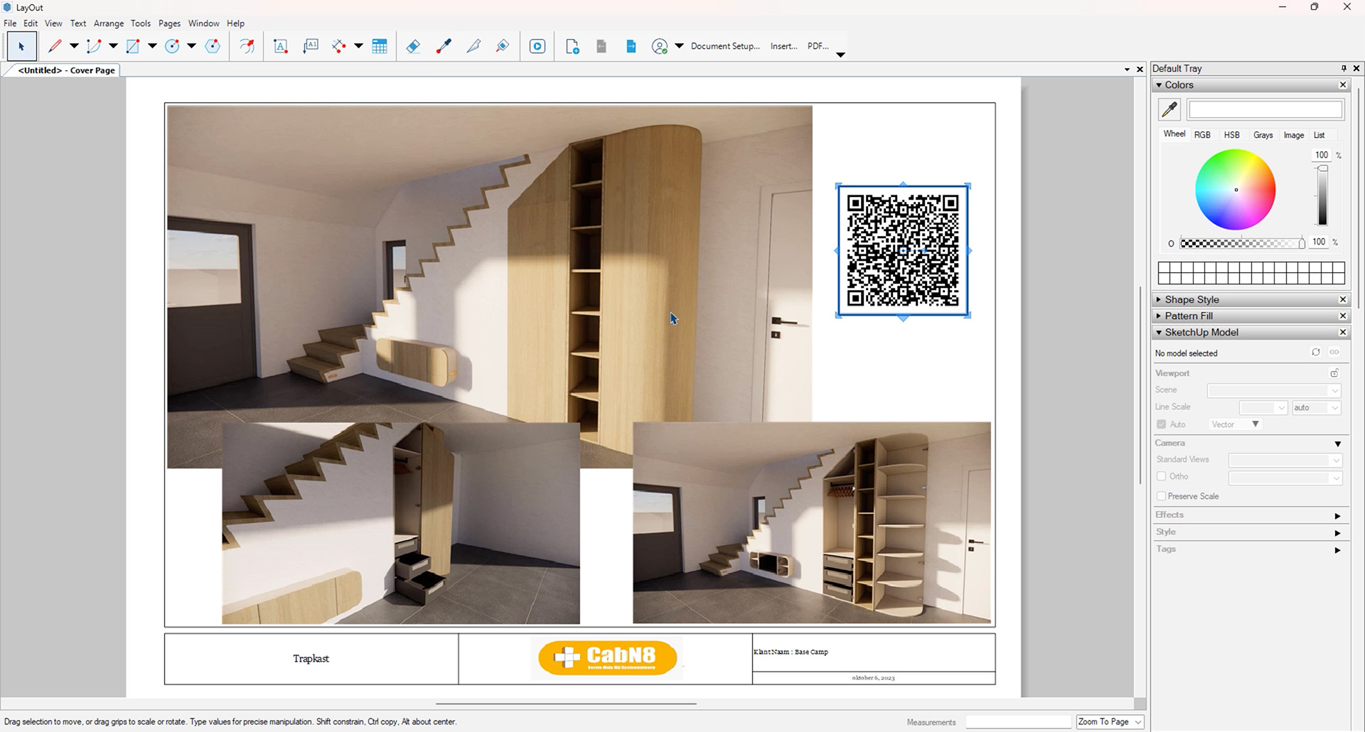 The SketchUp Layout interface displaying a professional client proposal generated with the CabN8 plugin. The presentation sheet features multiple 3D renders of a custom wooden under-stairs cabinet (shown both open and closed) and a QR code for interactive client viewing. Focus: CabN8 client presentation, SketchUp Layout, cabinetry design.