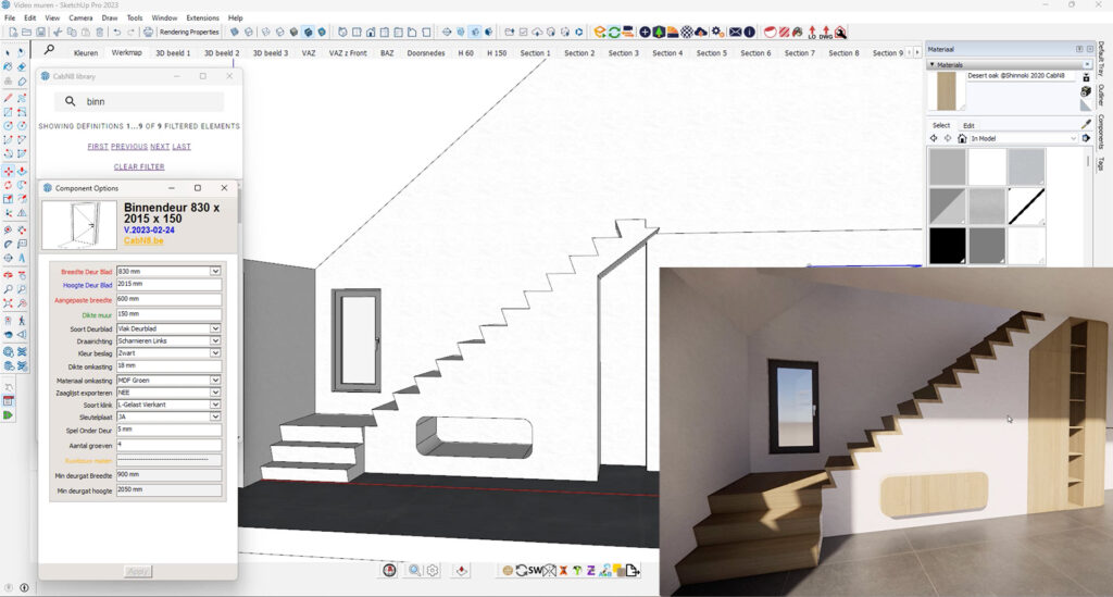 De SketchUp-interface met CabN8-plugin toont het proces van technisch ontwerp tot eindresultaat. Links staan parametrische component-opties voor een binnendeur, terwijl rechtsonder een fotorealistische render van de voltooide trapkast en hal te zien is. Focus: CabN8 workflow, SketchUp componenten, interieurbouw ontwerp.