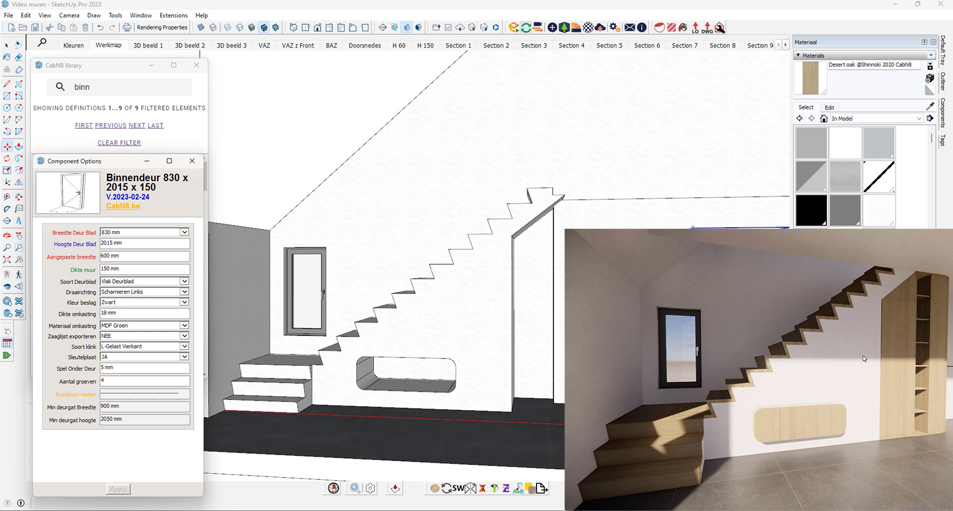The SketchUp interface with the CabN8 plugin demonstrating the workflow from technical design to final result. On the left are parametric component options for an interior door, while the bottom right shows a photorealistic render of the finished under-stairs cabinet and hallway. Focus: CabN8 workflow, SketchUp components, custom cabinetry design.