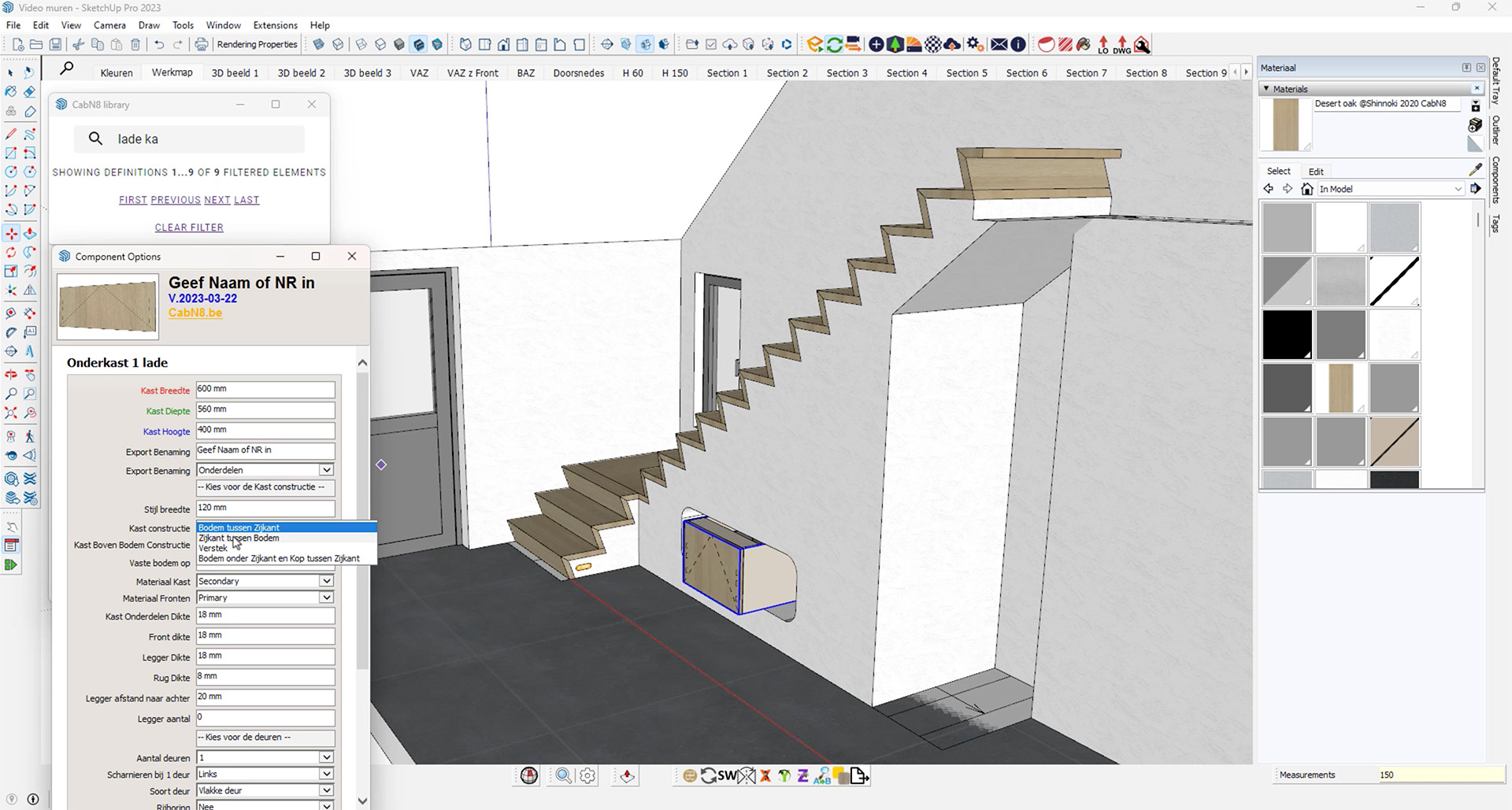 The SketchUp interface demonstrating the full integration of the CabN8 plugin. In the 'Component Options' menu, a user configures detailed parameters for a base cabinet with a drawer, such as construction method ('Bottom between sides') and dimensions, for a custom under-stairs storage unit. Focus: CabN8 SketchUp integration, parametric furniture design, cabinet construction details.