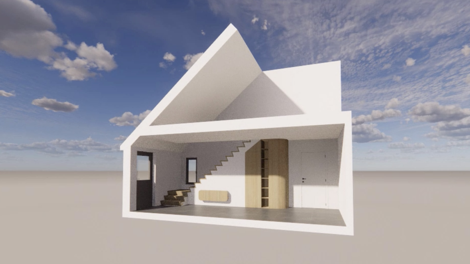 A 3D architectural visualization showing a cross-section of a modern home with a pitched roof. The interior features a staircase, a custom under-stairs cabinet, a tall wooden built-in cabinet, and two doors. Focus: 3D cross-section, architectural visualization, custom cabinetry, interior design.