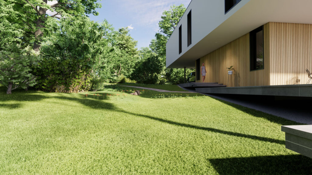 Een Enscape 4.14 render van een moderne villa met houten gevelbekleding, omgeven door realistisch, gevarieerd kort gras (na update).