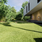 An Enscape 4.14 render of a modern villa with wooden cladding, surrounded by realistic, varied short grass (after update).
