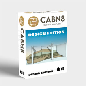 3D product box shot of the CabN8 'Design Edition' software: Interior from A to Z. The box displays compatibility for both Apple and Windows.