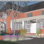 Een 3D-tuinvisualisatie in SketchUp waarbij de Shoot Plant Planner plugin de beplanting op werkelijke groeihoogte toont. De render laat een klassiek landhuis zien met een serre, terrasmeubilair, een metalen rozenboog en borders met lavendel en siergrassen in correcte schaal.