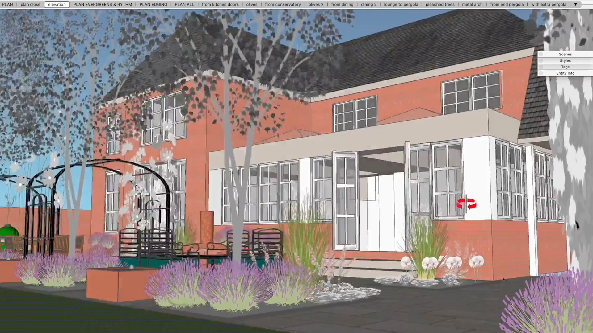 Een 3D-tuinvisualisatie in SketchUp waarbij de Shoot Plant Planner plugin de beplanting op werkelijke groeihoogte toont. De render laat een klassiek landhuis zien met een serre, terrasmeubilair, een metalen rozenboog en borders met lavendel en siergrassen in correcte schaal.