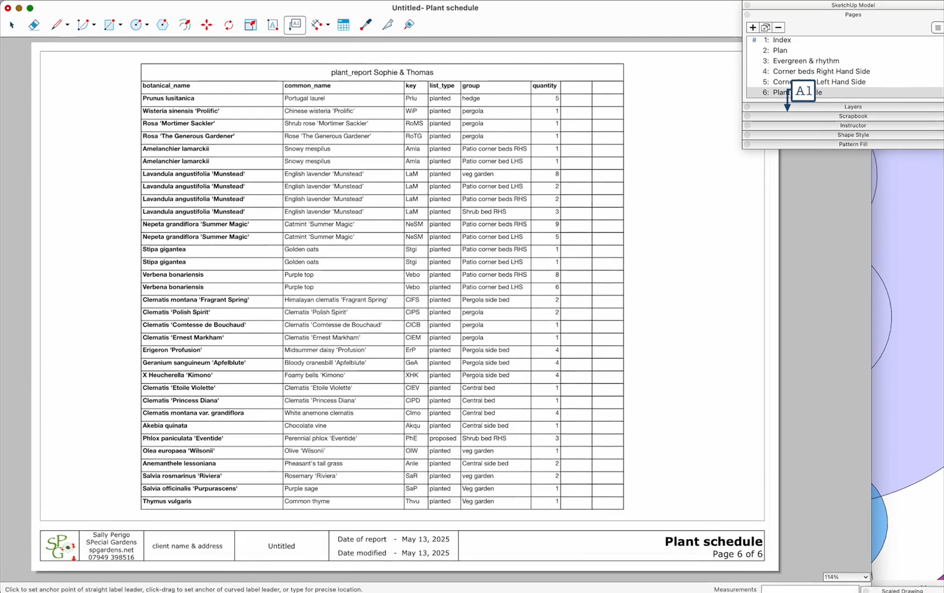 Een automatisch gegenereerde beplantingslijst (Plant schedule) in SketchUp LayOut via de Shoot Plant Planner plugin. De tabel toont een gedetailleerd overzicht van botanische namen, aantallen en plantgroepen, klaar voor bestelling.