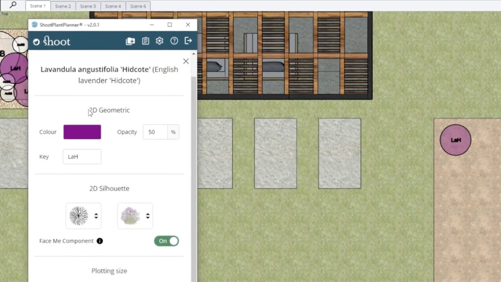 Een detailweergave van de Shoot Plant Planner instellingen in SketchUp. De afbeelding toont het configureren van 'Lavandula angustifolia' waarbij de 'Face Me Component' optie wordt aangevinkt, zodat 2D-plantvormen altijd naar de camera draaien voor een 3D-effect.