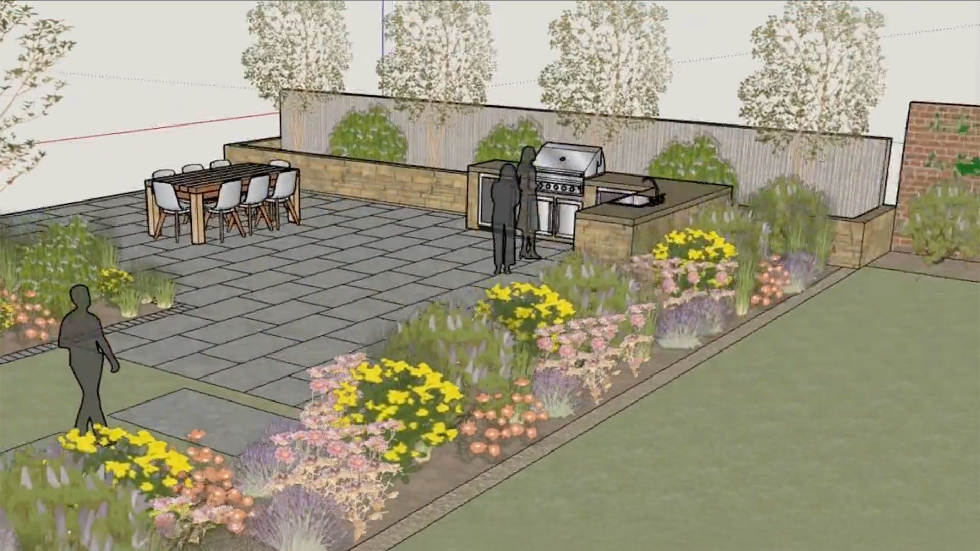 A 3D garden design in SketchUp created with the Shoot Plant Planner extension. The visualization displays a modern patio with a dining table, an outdoor kitchen with BBQ, and a detailed planting plan featuring colorful borders and trees.