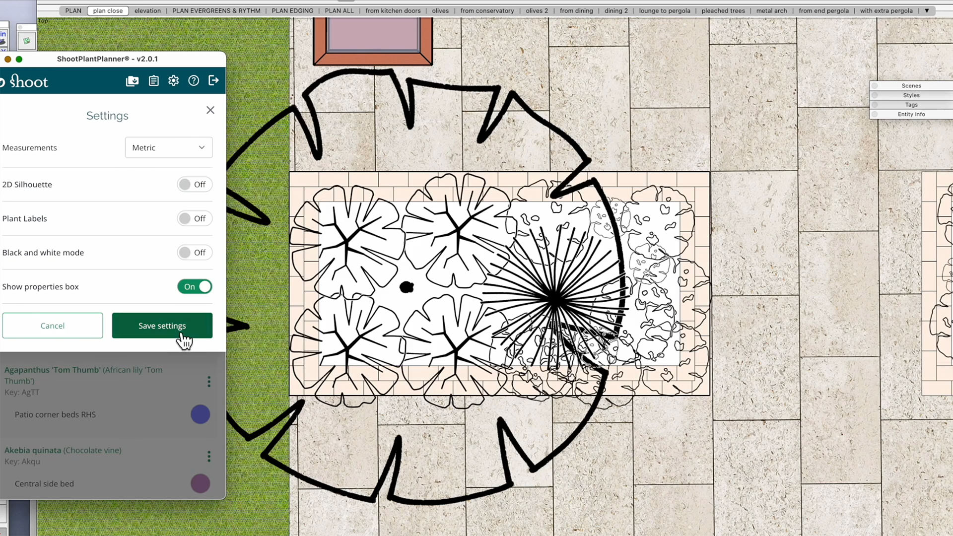 De instellingen van de Shoot Plant Planner in SketchUp tonen de aanpasbare weergave-opties. De afbeelding laat zien hoe een gebruiker 2D-plantensymbolen omzet naar een artistieke, zwart-wit lijntekeningstijl voor een schematisch tuinontwerp.