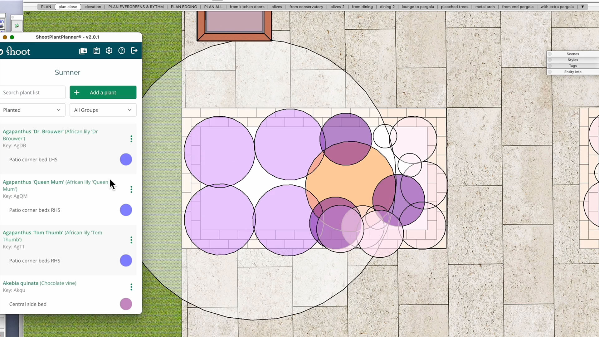 Een 2D-beplantingsplan in SketchUp met de Shoot Plant Planner plugin. Het scherm toont geformatteerde cirkelsymbolen (paars en oranje) op een stenen terras, direct gekoppeld aan een plantenlijst met specifieke soorten als 'Agapanthus Dr. Brouwer'.