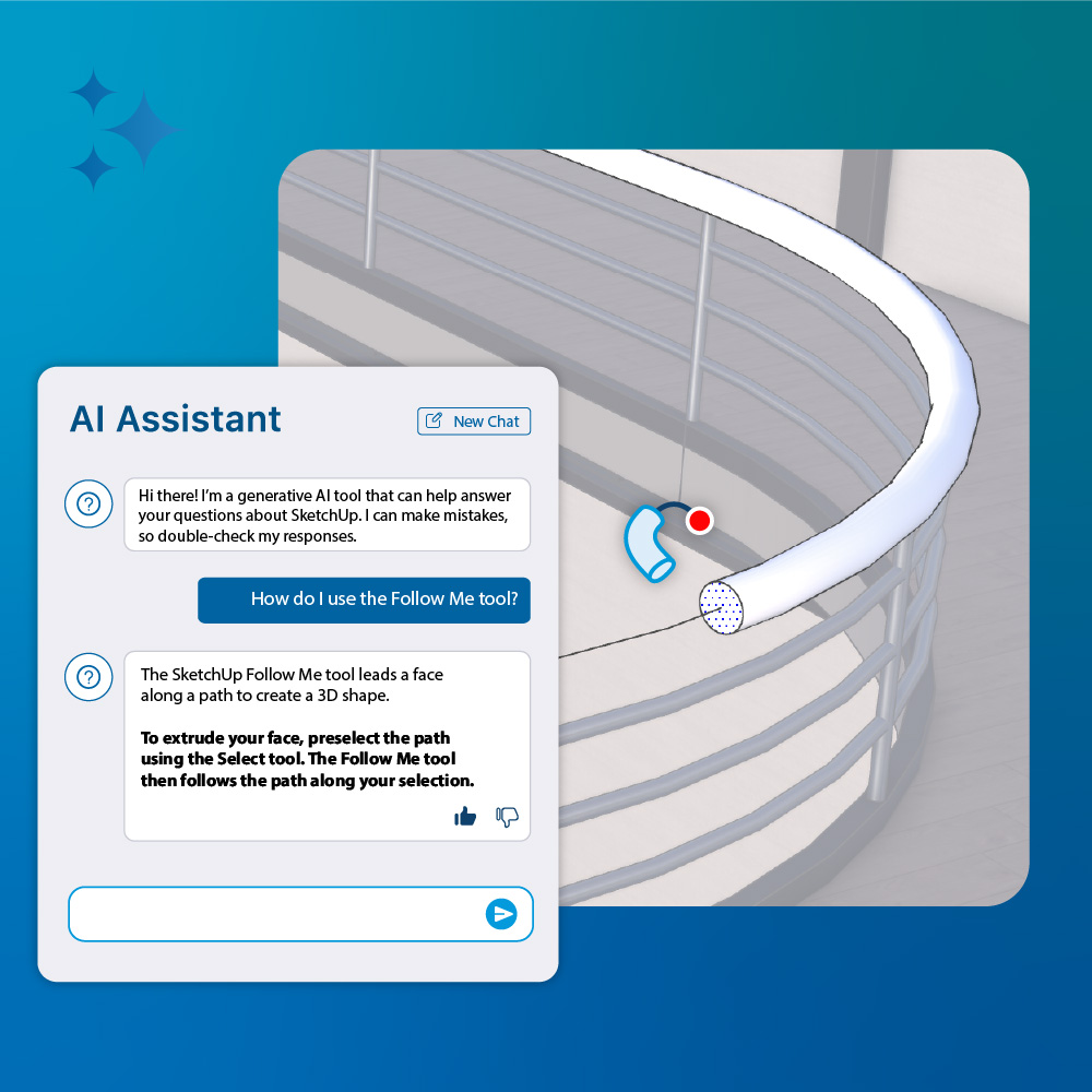 De SketchUp 'AI Assistant' chat-interface als overlay op een 3D-model van een leuning. Het dialoogvenster toont een gebruiker die vraagt: "How do I use the Follow Me tool?", waarop de generatieve AI antwoordt met specifieke instructies over het extruderen van vlakken. Focus: SketchUp AI Assistant, in-app support, Follow Me tool uitleg.